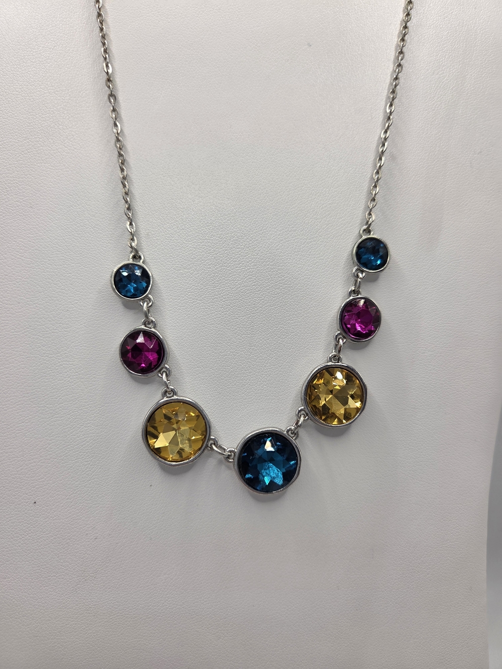 Paparazzi Blue Pink Yellow Crystal Silver Chain Necklace